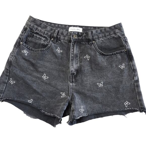 Unbranded Pants - Black Embroidered Butterfly Cut off Jean SHORTS Size 11 Khaki+Blue